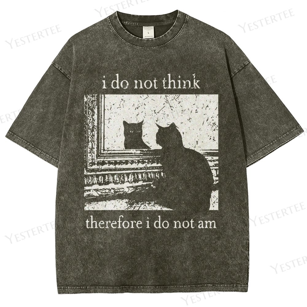 Retro "I Do Not Think Therefore I Do Not Am" Cat Silhouette Graphic Washed T-Shirt