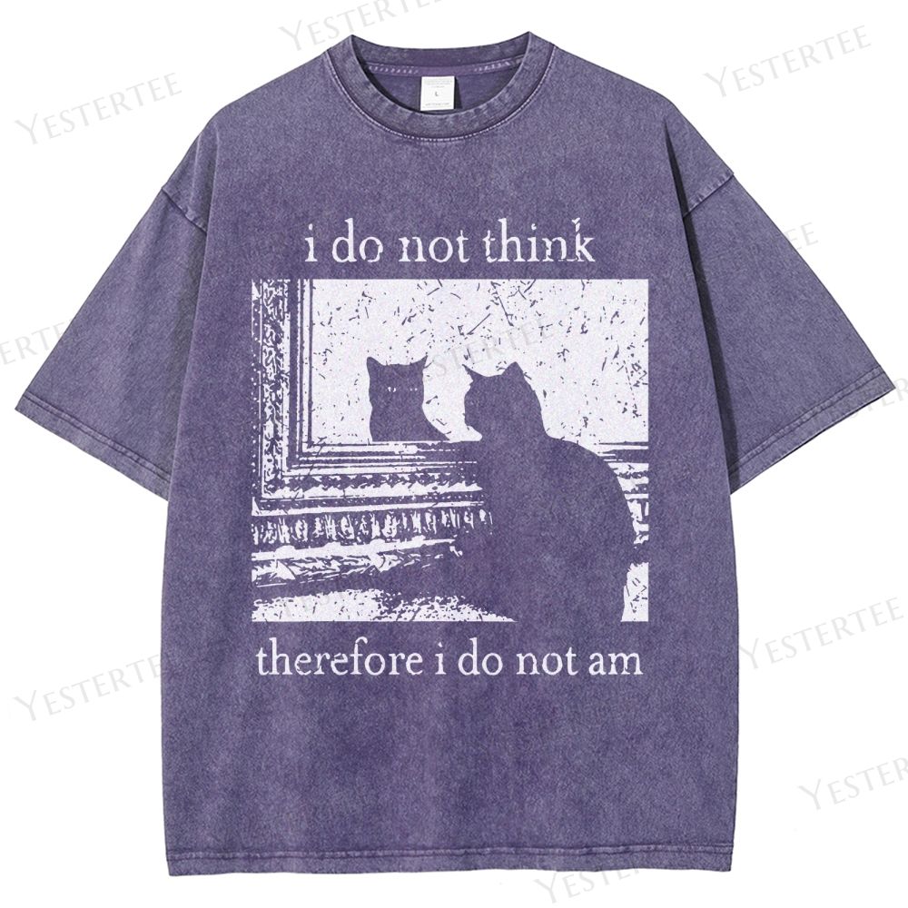 Retro "I Do Not Think Therefore I Do Not Am" Cat Silhouette Graphic Washed T-Shirt