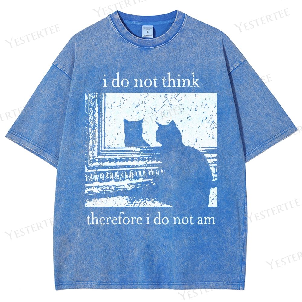 Retro "I Do Not Think Therefore I Do Not Am" Cat Silhouette Graphic Washed T-Shirt