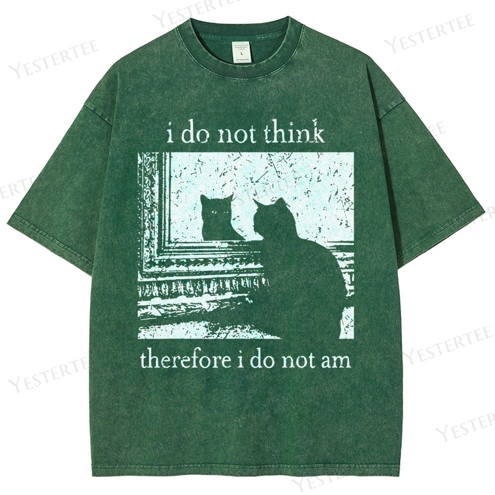 Retro "I Do Not Think Therefore I Do Not Am" Cat Silhouette Graphic Washed T-Shirt