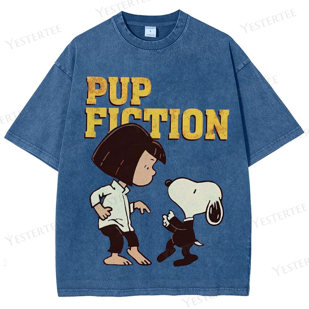 Retro "Pup Fiction" Playful Character Dance Graphic Washed T-Shirt