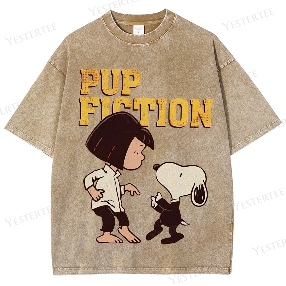 Retro "Pup Fiction" Playful Character Dance Graphic Washed T-Shirt