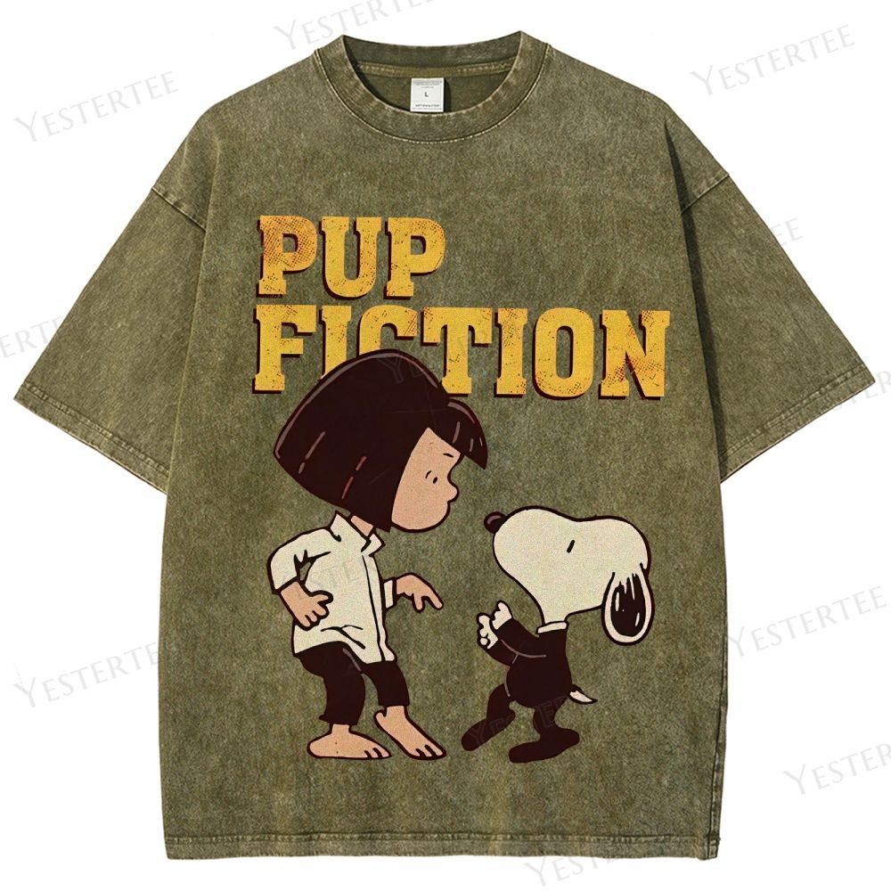 Retro "Pup Fiction" Playful Character Dance Graphic Washed T-Shirt