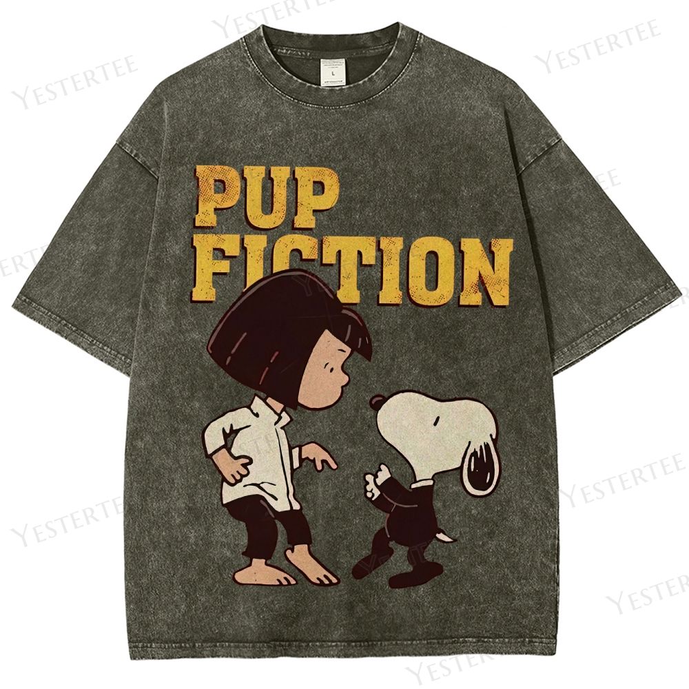 Retro "Pup Fiction" Playful Character Dance Graphic Washed T-Shirt