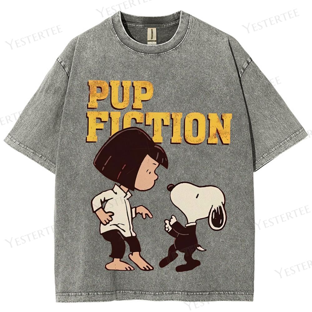 Retro "Pup Fiction" Playful Character Dance Graphic Washed T-Shirt