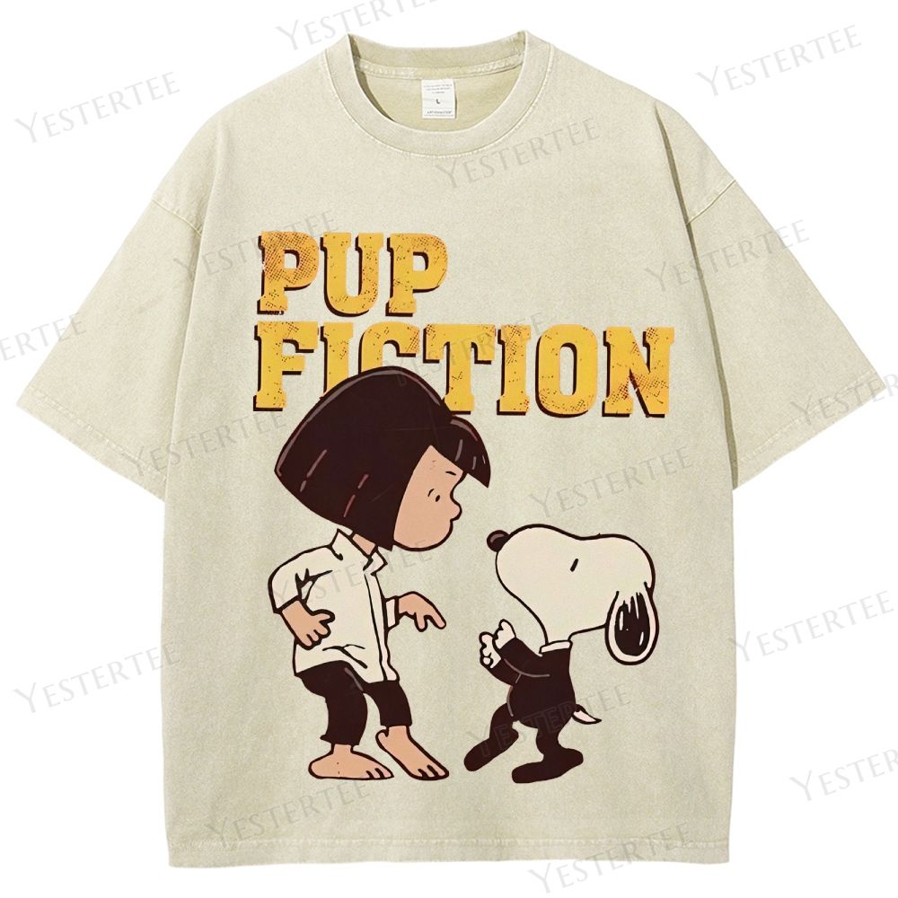 Retro "Pup Fiction" Playful Character Dance Graphic Washed T-Shirt