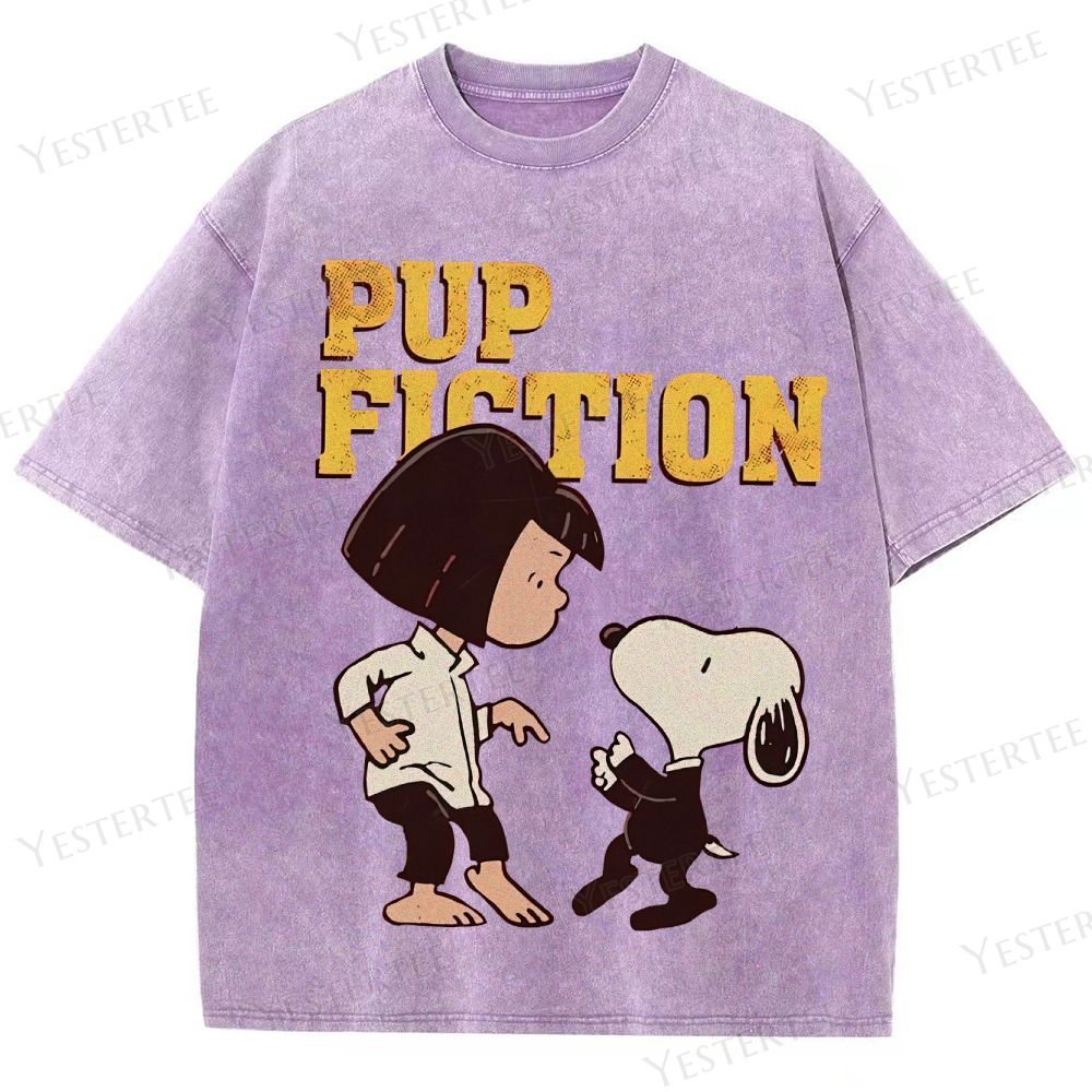 Retro "Pup Fiction" Playful Character Dance Graphic Washed T-Shirt