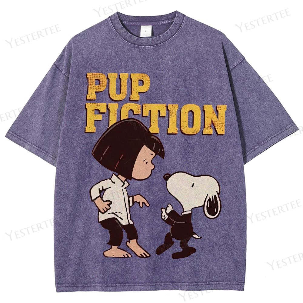 Retro "Pup Fiction" Playful Character Dance Graphic Washed T-Shirt