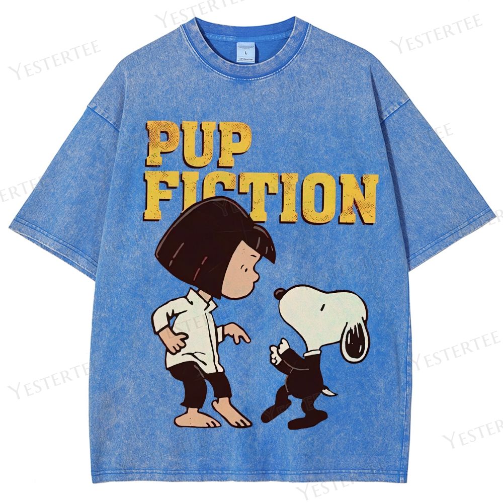 Retro "Pup Fiction" Playful Character Dance Graphic Washed T-Shirt