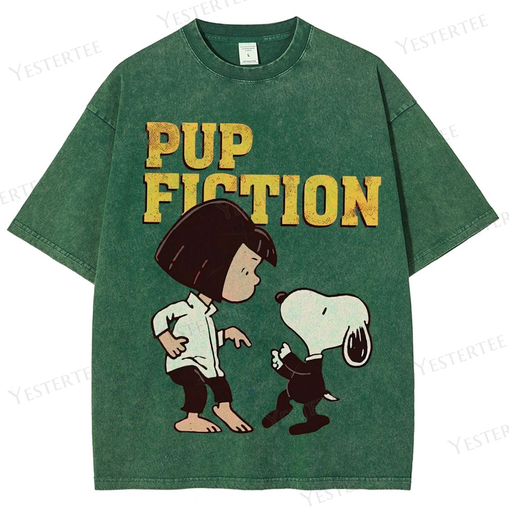 Retro "Pup Fiction" Playful Character Dance Graphic Washed T-Shirt