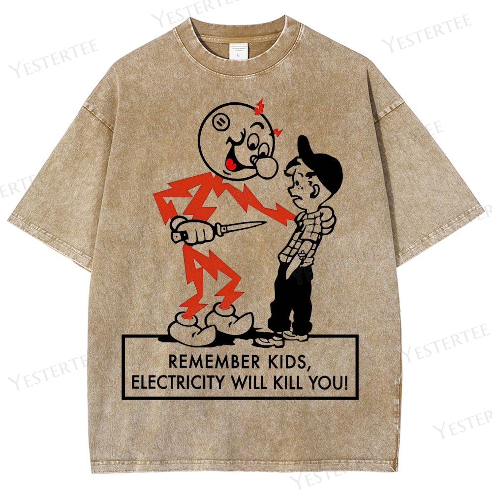Retro Cartoon Safety-Themed Graphic Washed T-Shirt