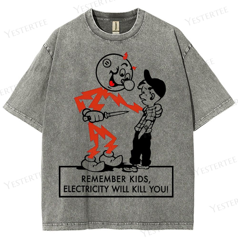 Retro Cartoon Safety-Themed Graphic Washed T-Shirt