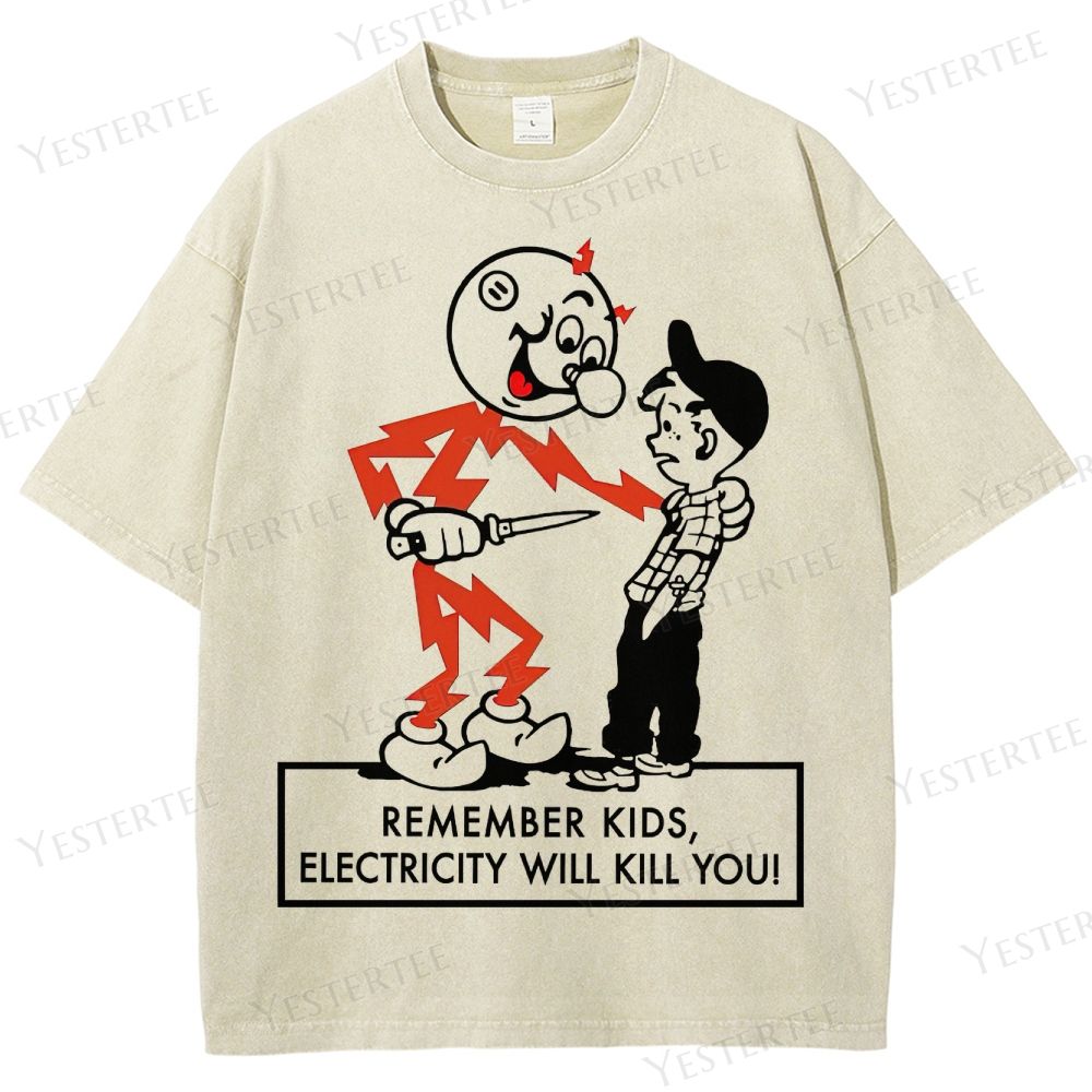 Retro Cartoon Safety-Themed Graphic Washed T-Shirt
