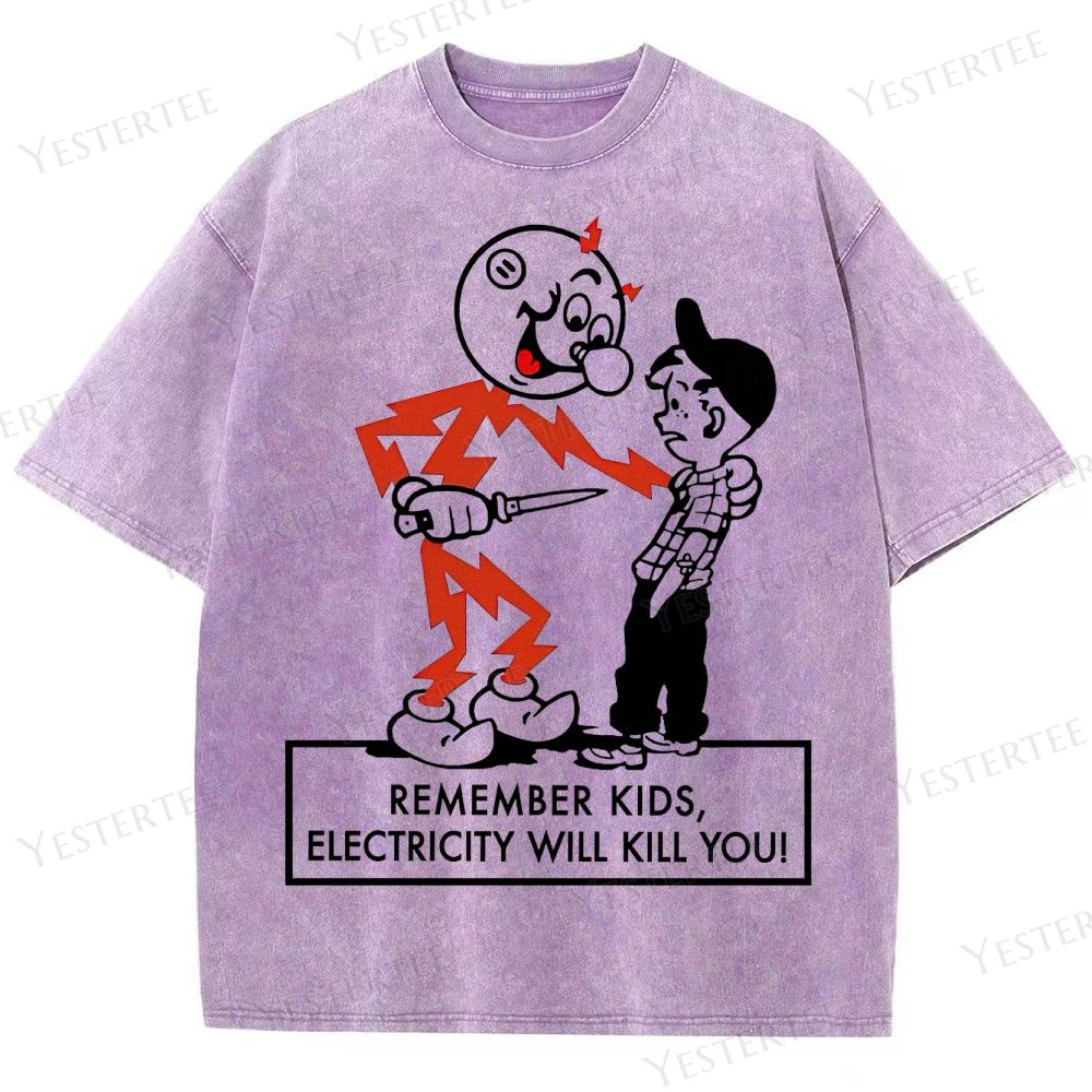 Retro Cartoon Safety-Themed Graphic Washed T-Shirt