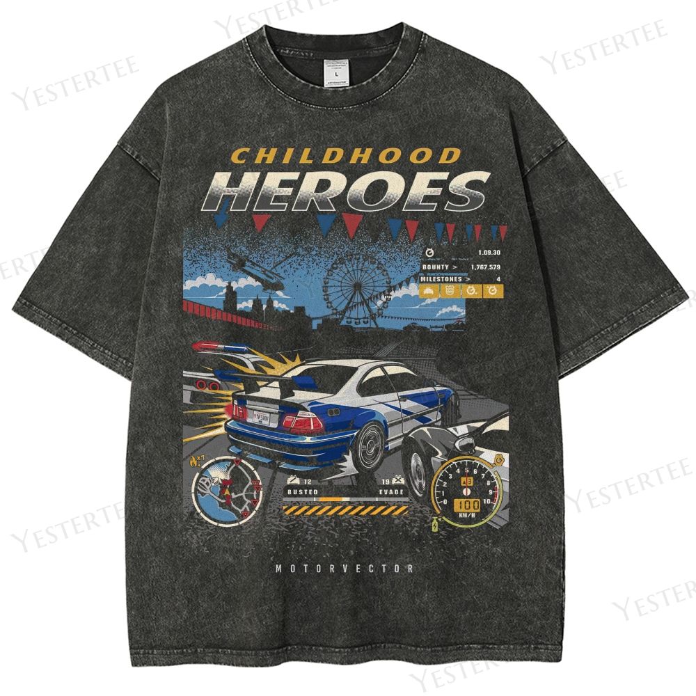 Retro Racing-Themed "Childhood Heroes" Graphic Washed T-Shirt