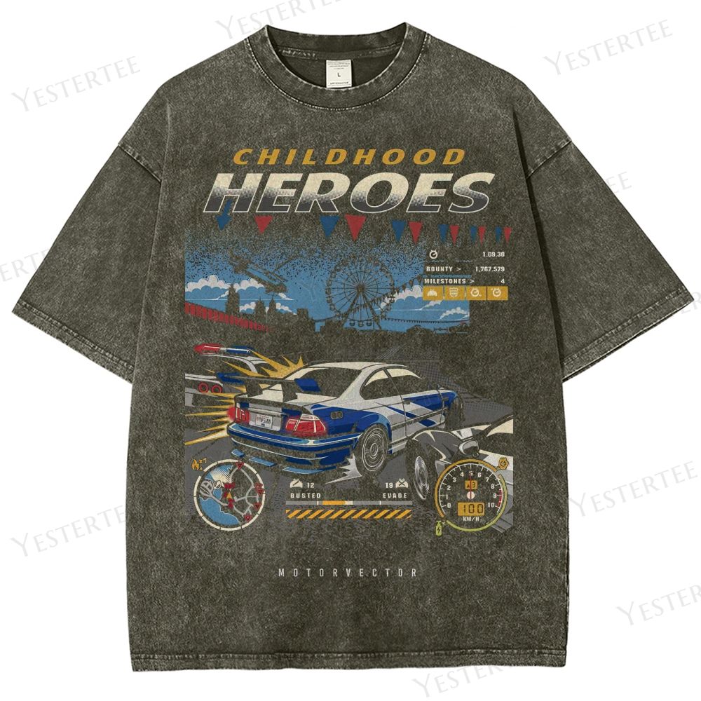 Retro Racing-Themed "Childhood Heroes" Graphic Washed T-Shirt