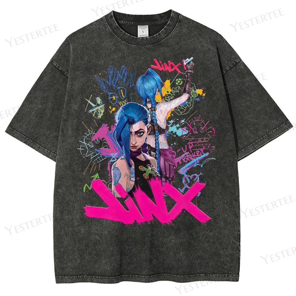 Retro Neon Anime Character Graphic Washed T-Shirt