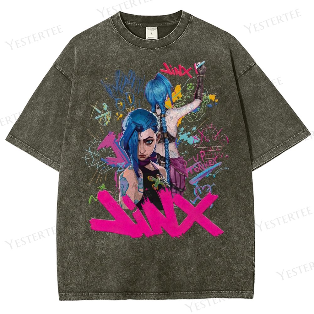 Retro Neon Anime Character Graphic Washed T-Shirt