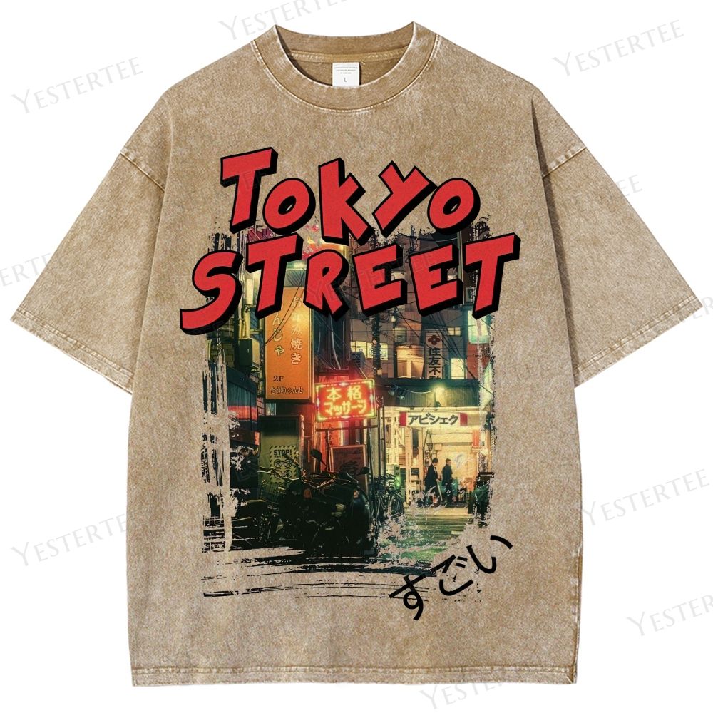 Retro Tokyo Neon Street Graphic Washed T-Shirt