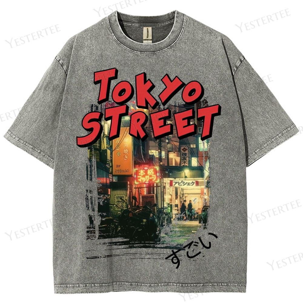 Retro Tokyo Neon Street Graphic Washed T-Shirt