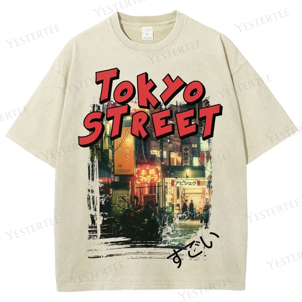 Retro Tokyo Neon Street Graphic Washed T-Shirt
