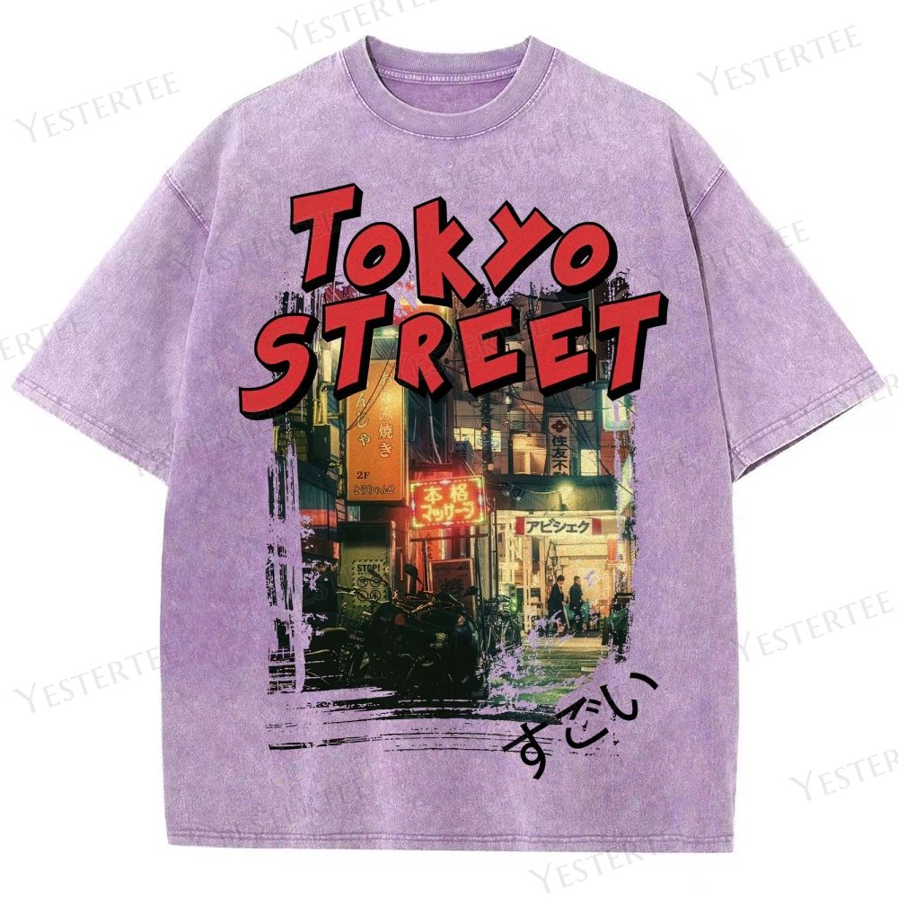 Retro Tokyo Neon Street Graphic Washed T-Shirt