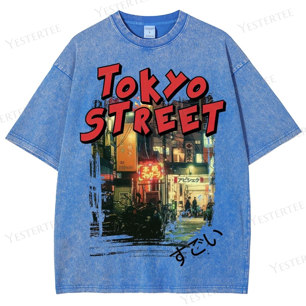 Retro Tokyo Neon Street Graphic Washed T-Shirt