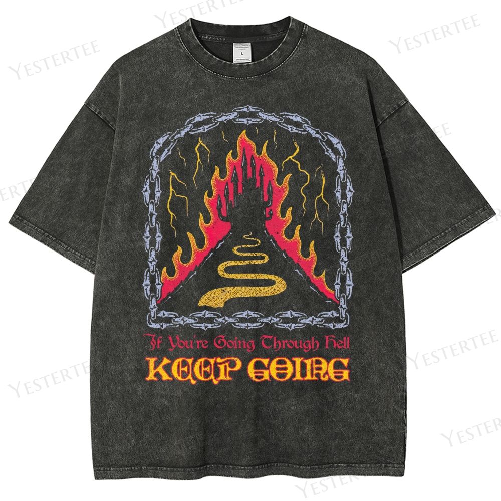 Retro Hell-Themed Motivational Graphic Washed T-Shirt