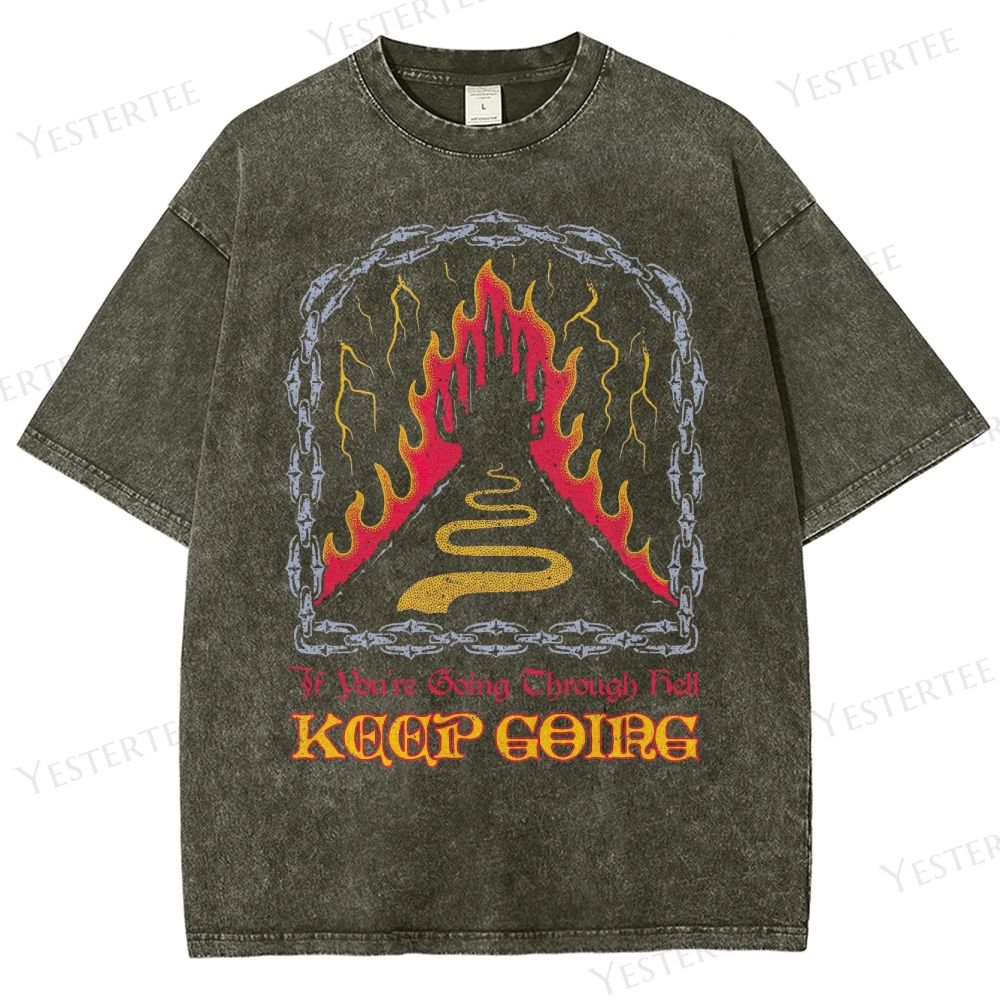 Retro Hell-Themed Motivational Graphic Washed T-Shirt