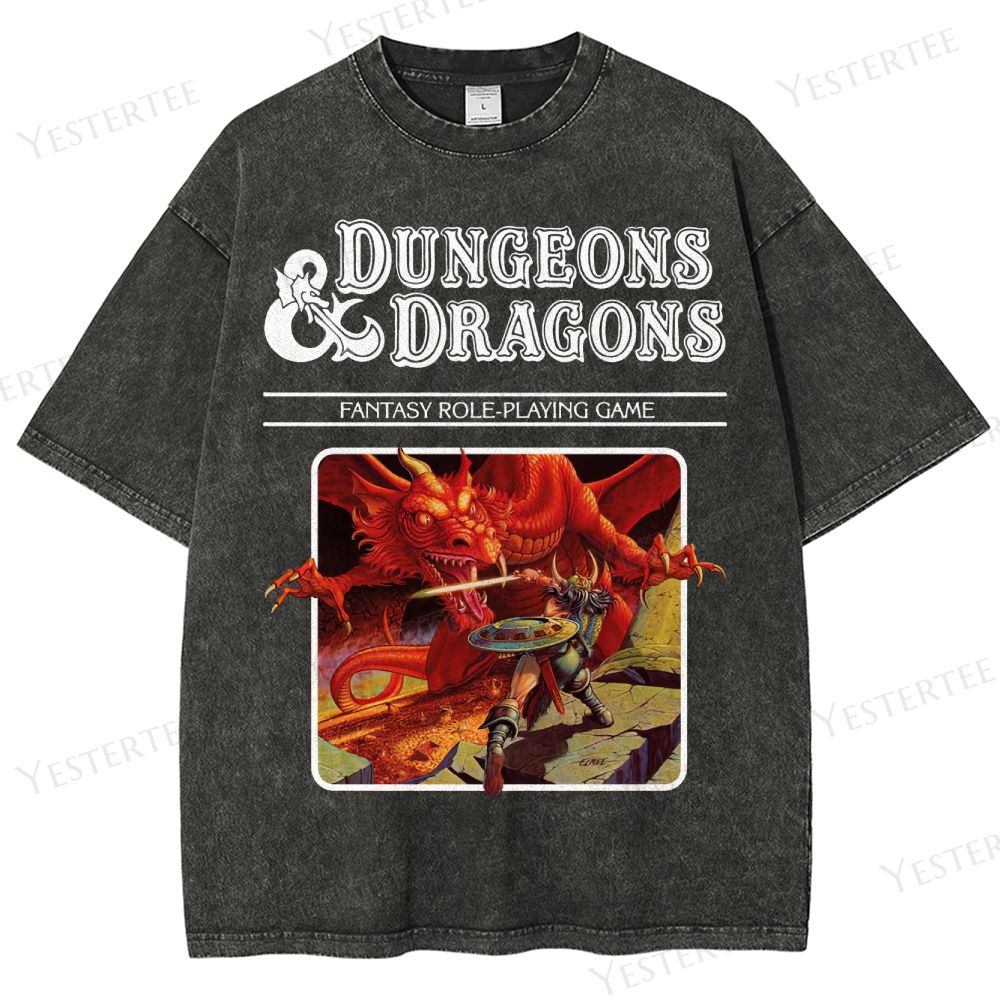 Retro Fantasy RPG Dragon Battle Graphic Washed T-Shirt