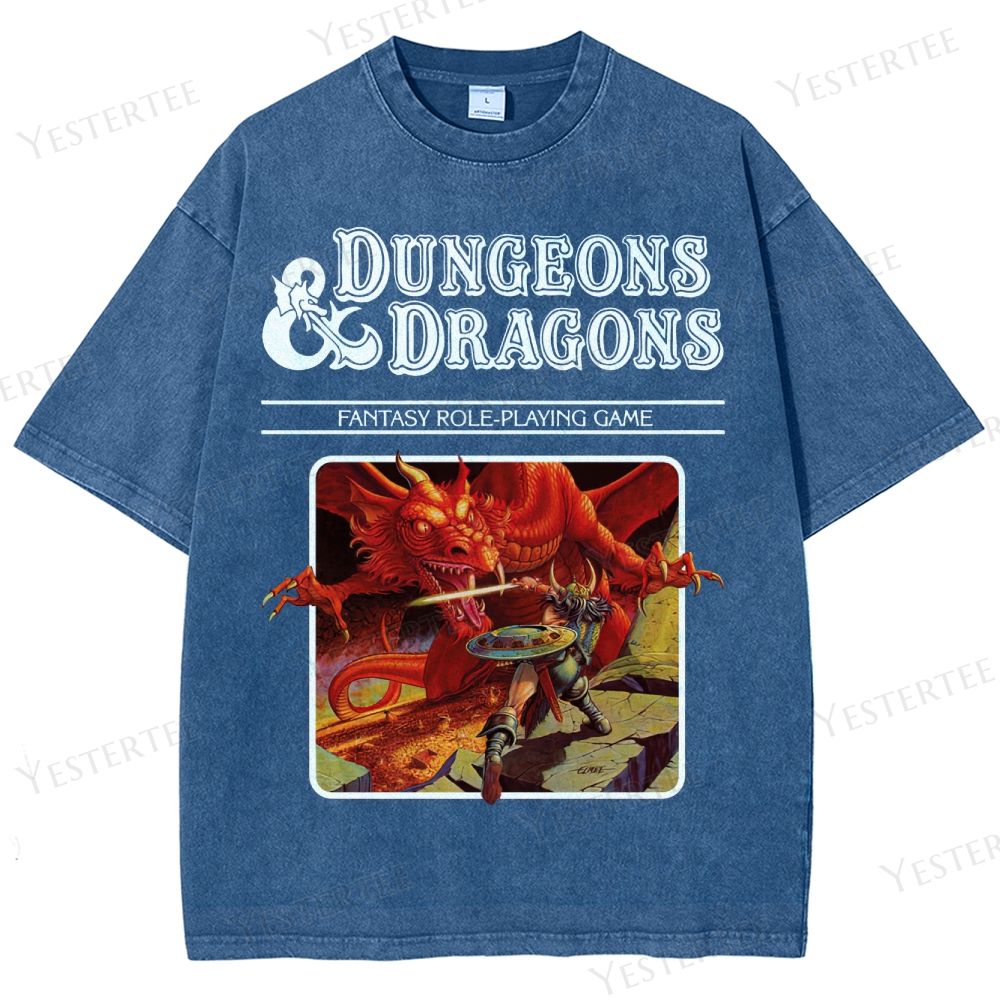 Retro Fantasy RPG Dragon Battle Graphic Washed T-Shirt