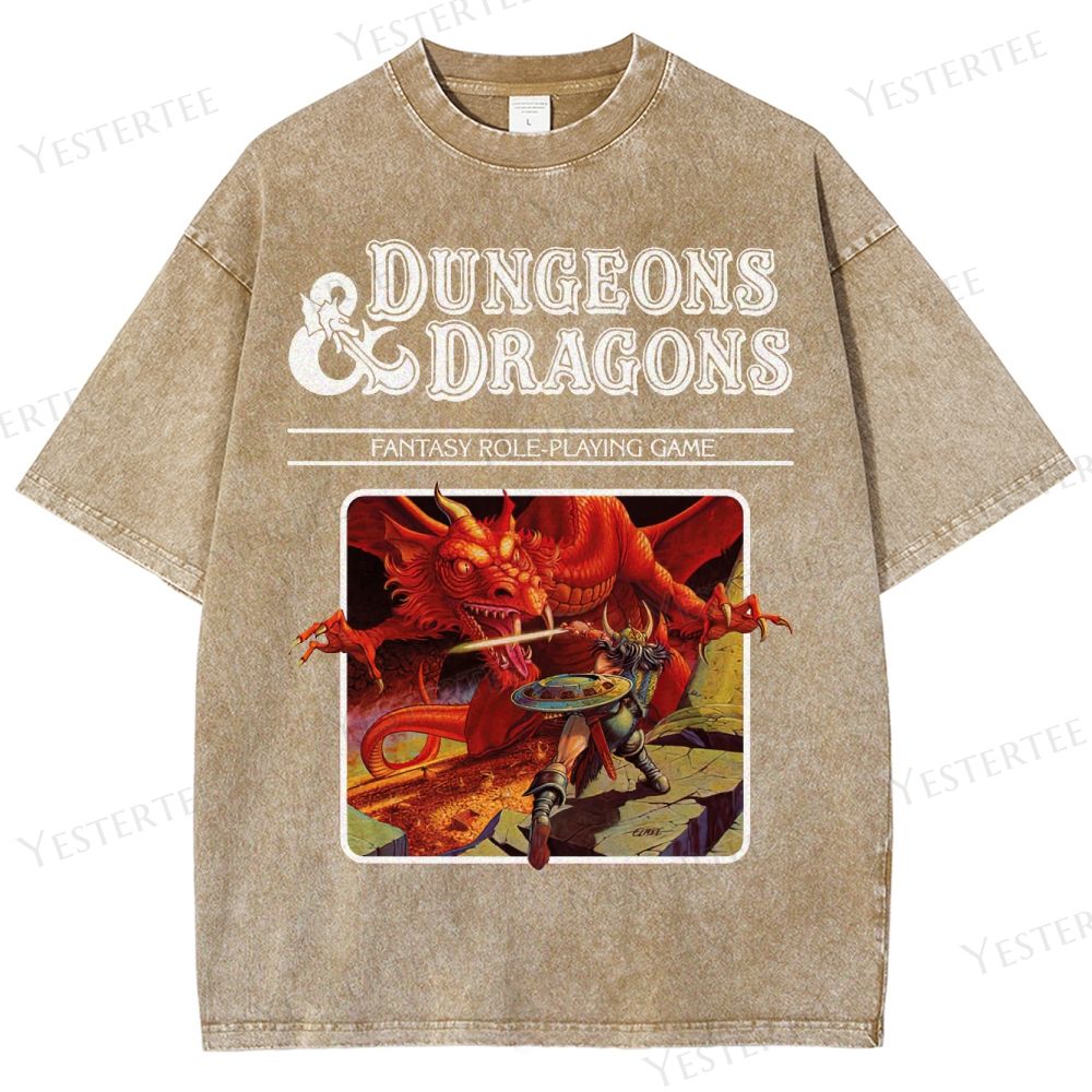 Retro Fantasy RPG Dragon Battle Graphic Washed T-Shirt