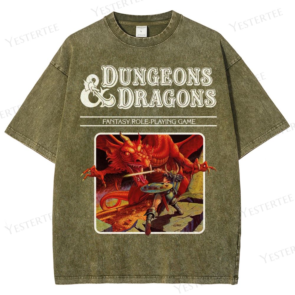 Retro Fantasy RPG Dragon Battle Graphic Washed T-Shirt