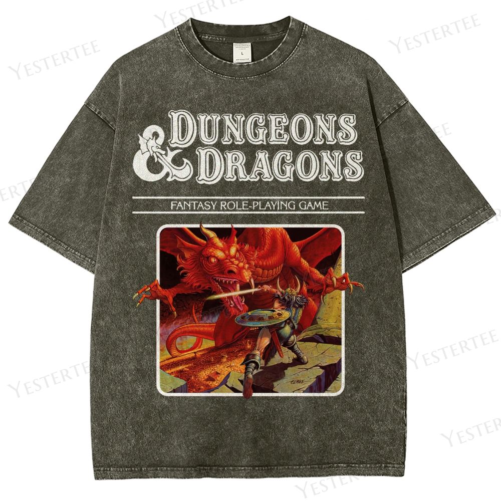 Retro Fantasy RPG Dragon Battle Graphic Washed T-Shirt