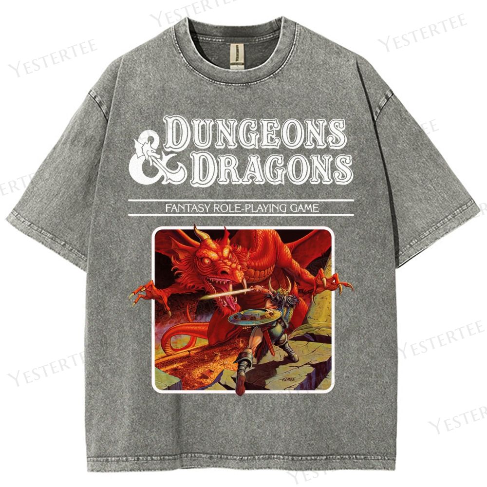 Retro Fantasy RPG Dragon Battle Graphic Washed T-Shirt
