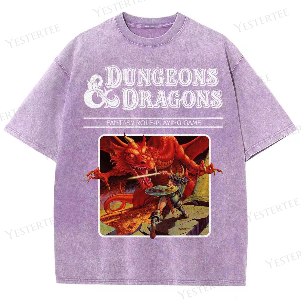 Retro Fantasy RPG Dragon Battle Graphic Washed T-Shirt
