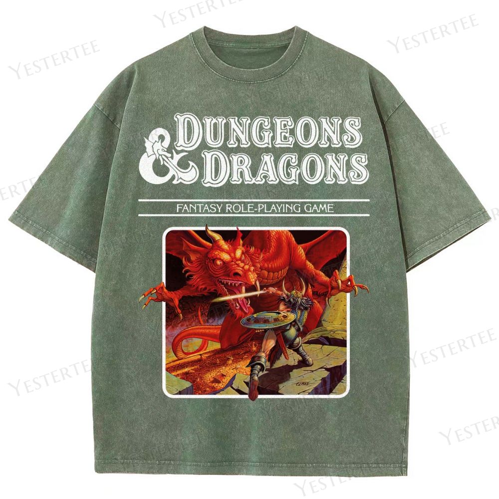 Retro Fantasy RPG Dragon Battle Graphic Washed T-Shirt