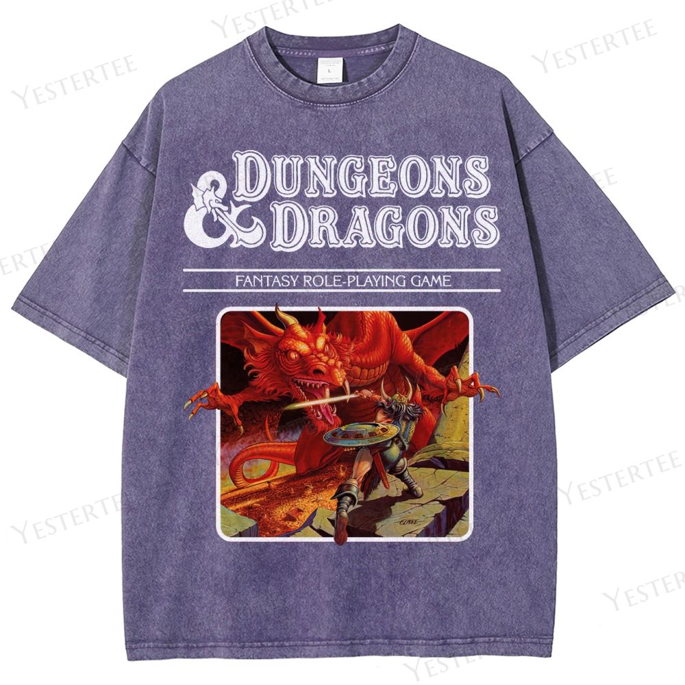 Retro Fantasy RPG Dragon Battle Graphic Washed T-Shirt