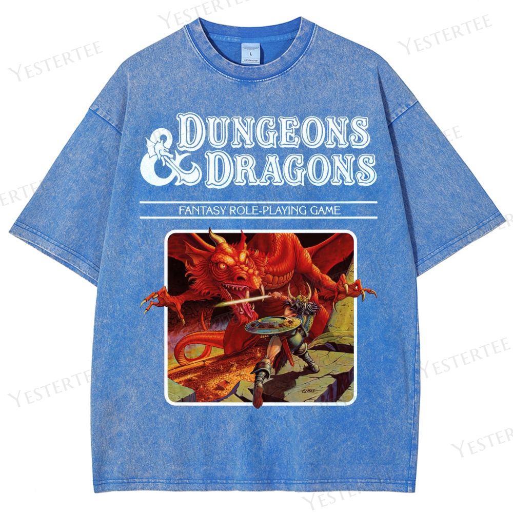 Retro Fantasy RPG Dragon Battle Graphic Washed T-Shirt