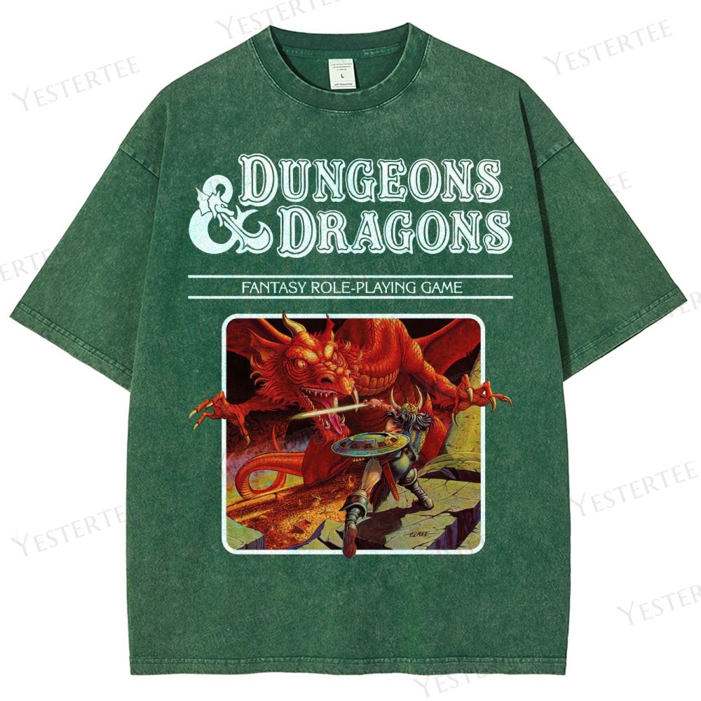 Retro Fantasy RPG Dragon Battle Graphic Washed T-Shirt
