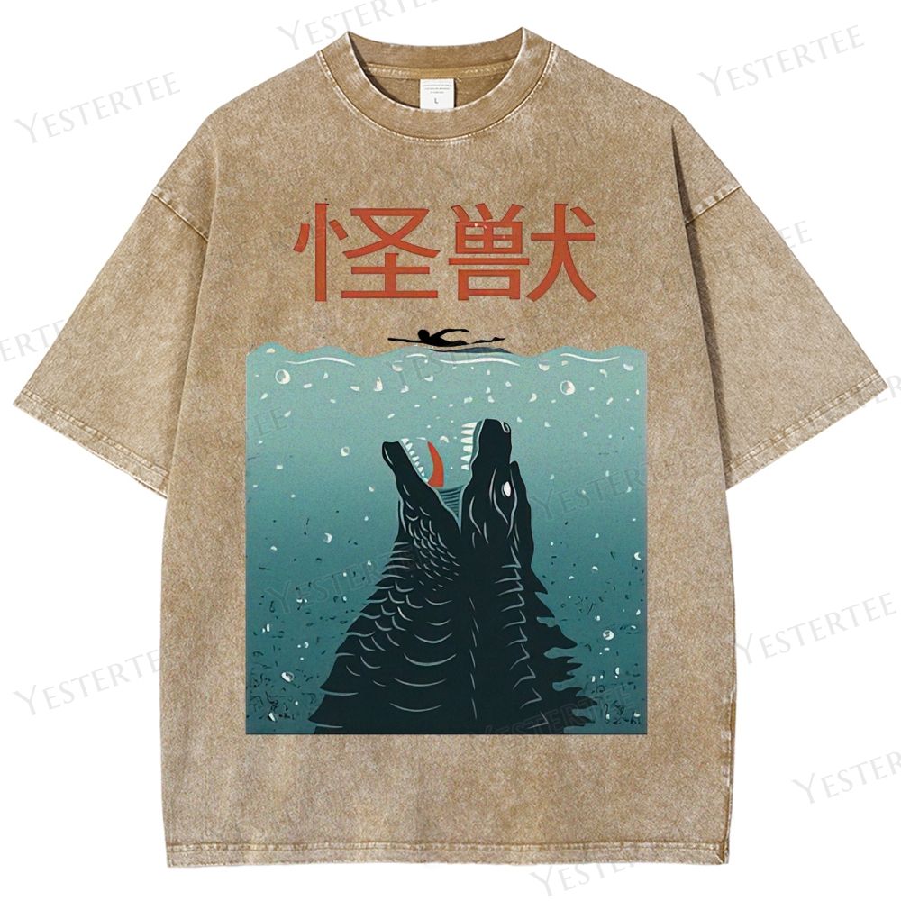 Retro "Kaiju" Underwater Creature & Swimmer Graphic Washed T-Shirt