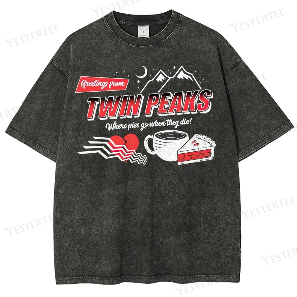 Retro "Greetings from Twin Peaks" Pie & Coffee Graphic Washed T-Shirt