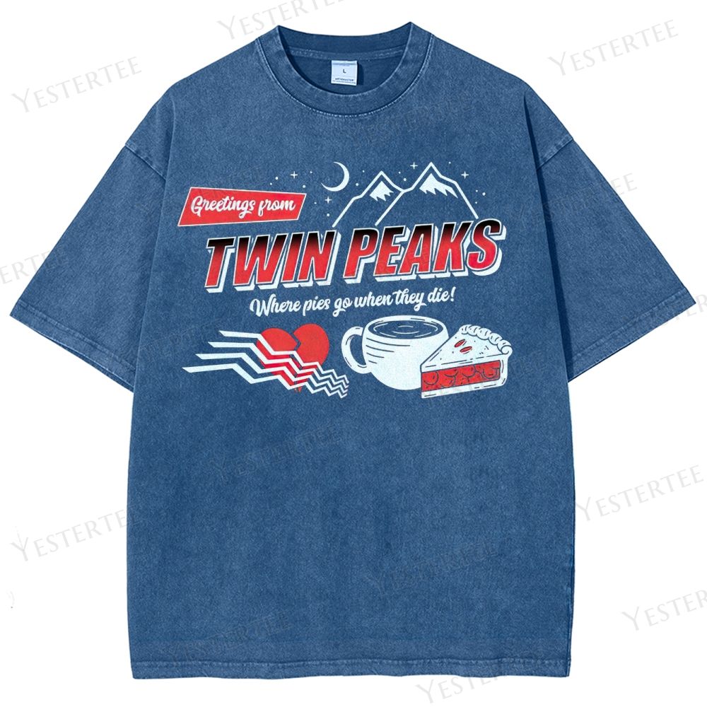Retro "Greetings from Twin Peaks" Pie & Coffee Graphic Washed T-Shirt