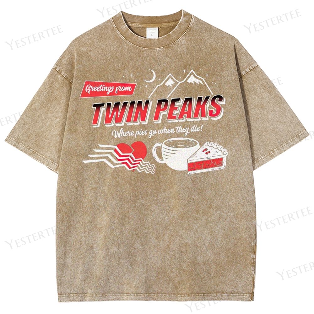 Retro "Greetings from Twin Peaks" Pie & Coffee Graphic Washed T-Shirt