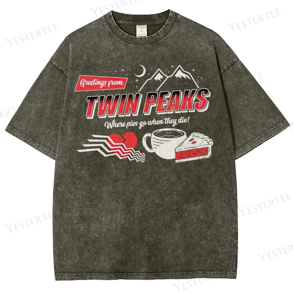 Retro "Greetings from Twin Peaks" Pie & Coffee Graphic Washed T-Shirt