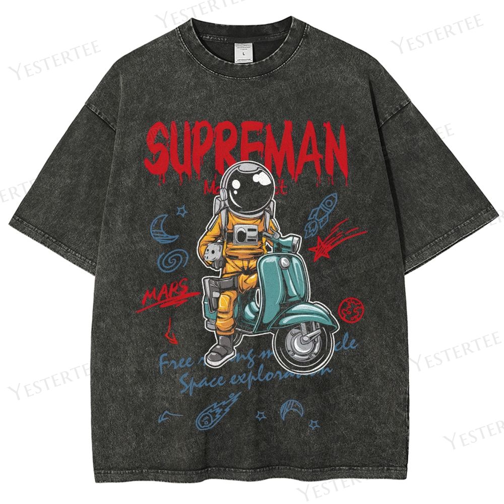 Retro "Supreman Mars" Astronaut Scooter Graphic Washed T-Shirt