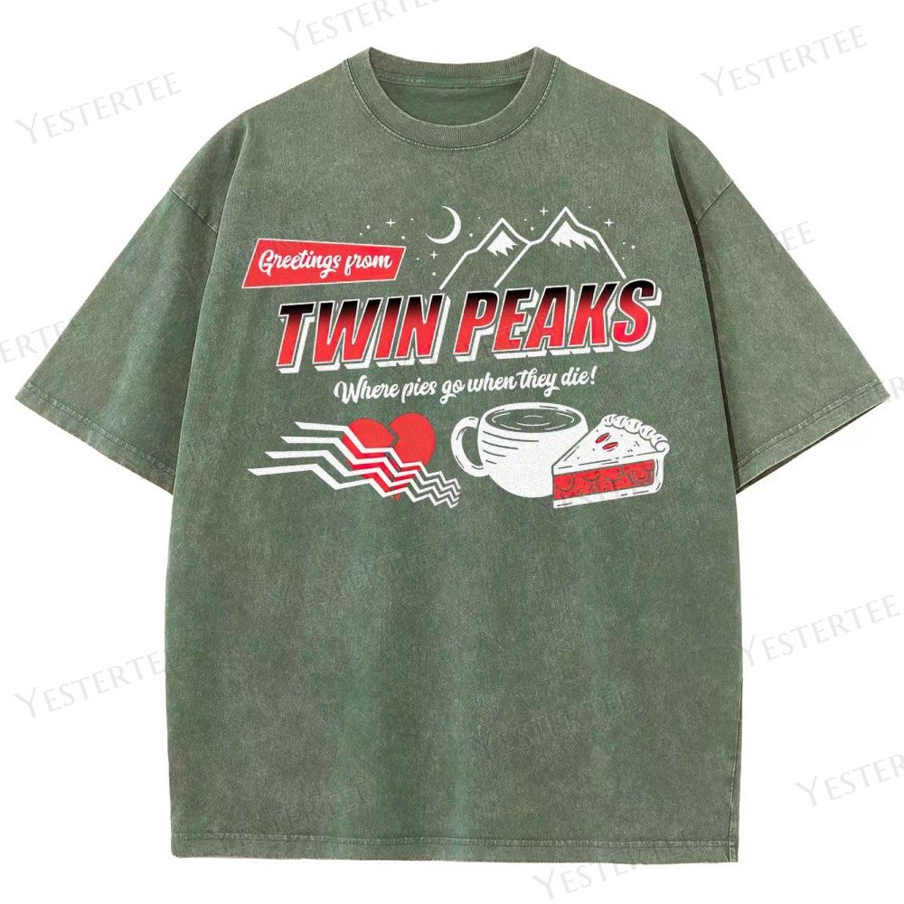 Retro "Greetings from Twin Peaks" Pie & Coffee Graphic Washed T-Shirt