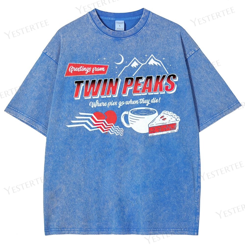 Retro "Greetings from Twin Peaks" Pie & Coffee Graphic Washed T-Shirt