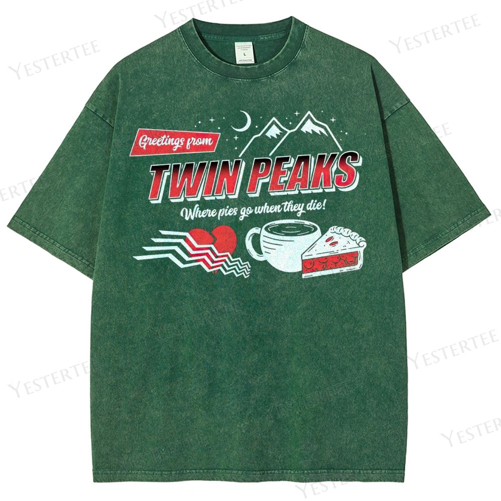 Retro "Greetings from Twin Peaks" Pie & Coffee Graphic Washed T-Shirt