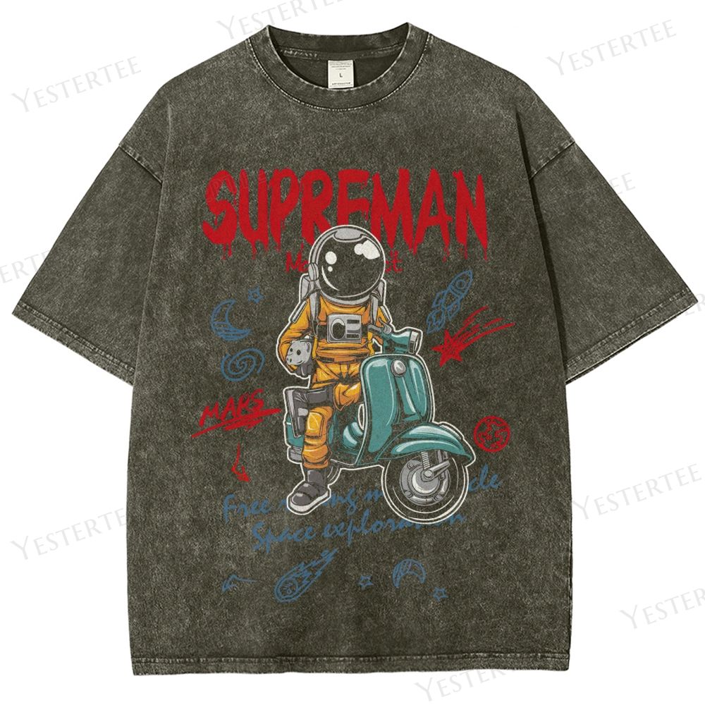 Retro "Supreman Mars" Astronaut Scooter Graphic Washed T-Shirt